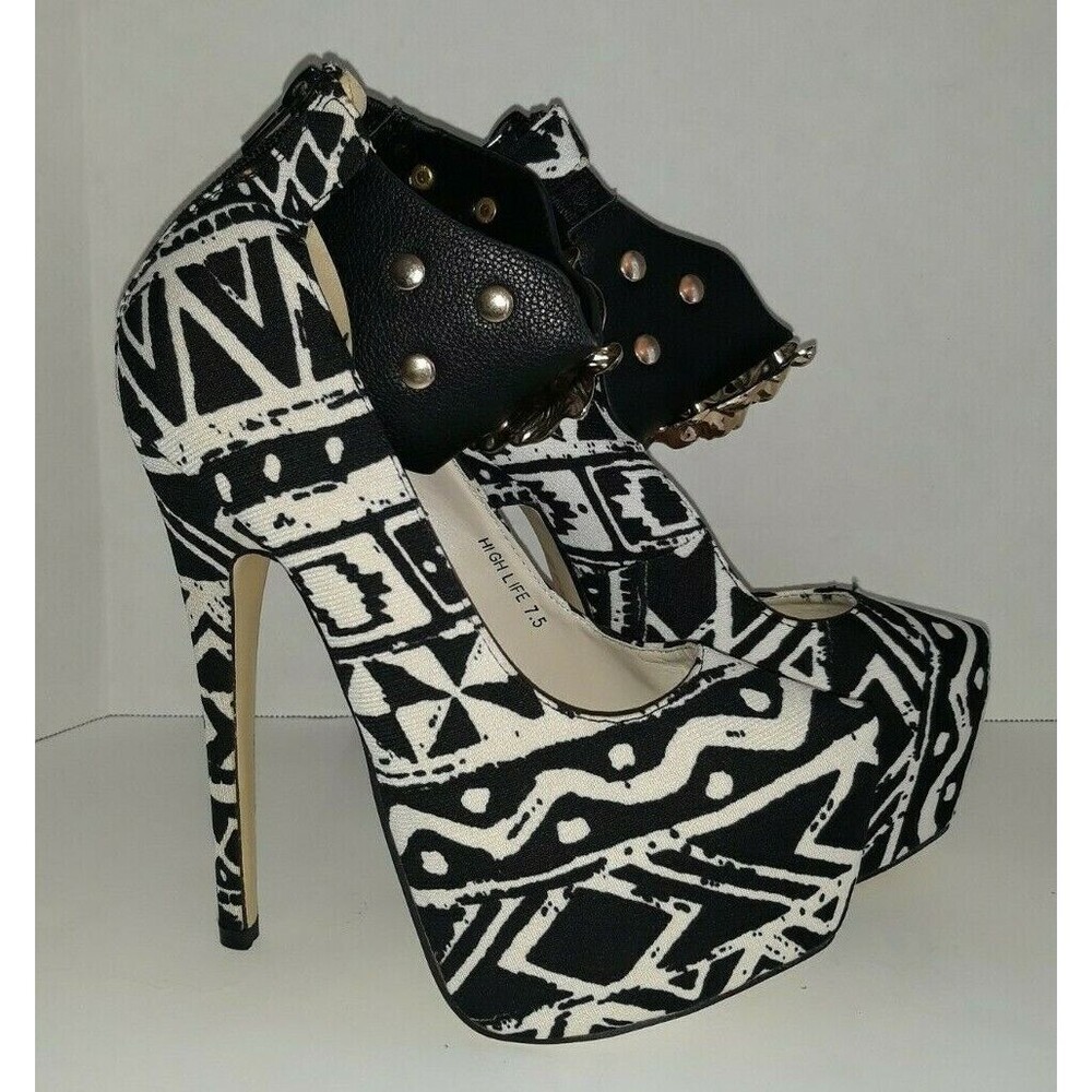 Red Kiss High Life Black & White Platform Lion Medallion Ankle Strap CLEARANCE